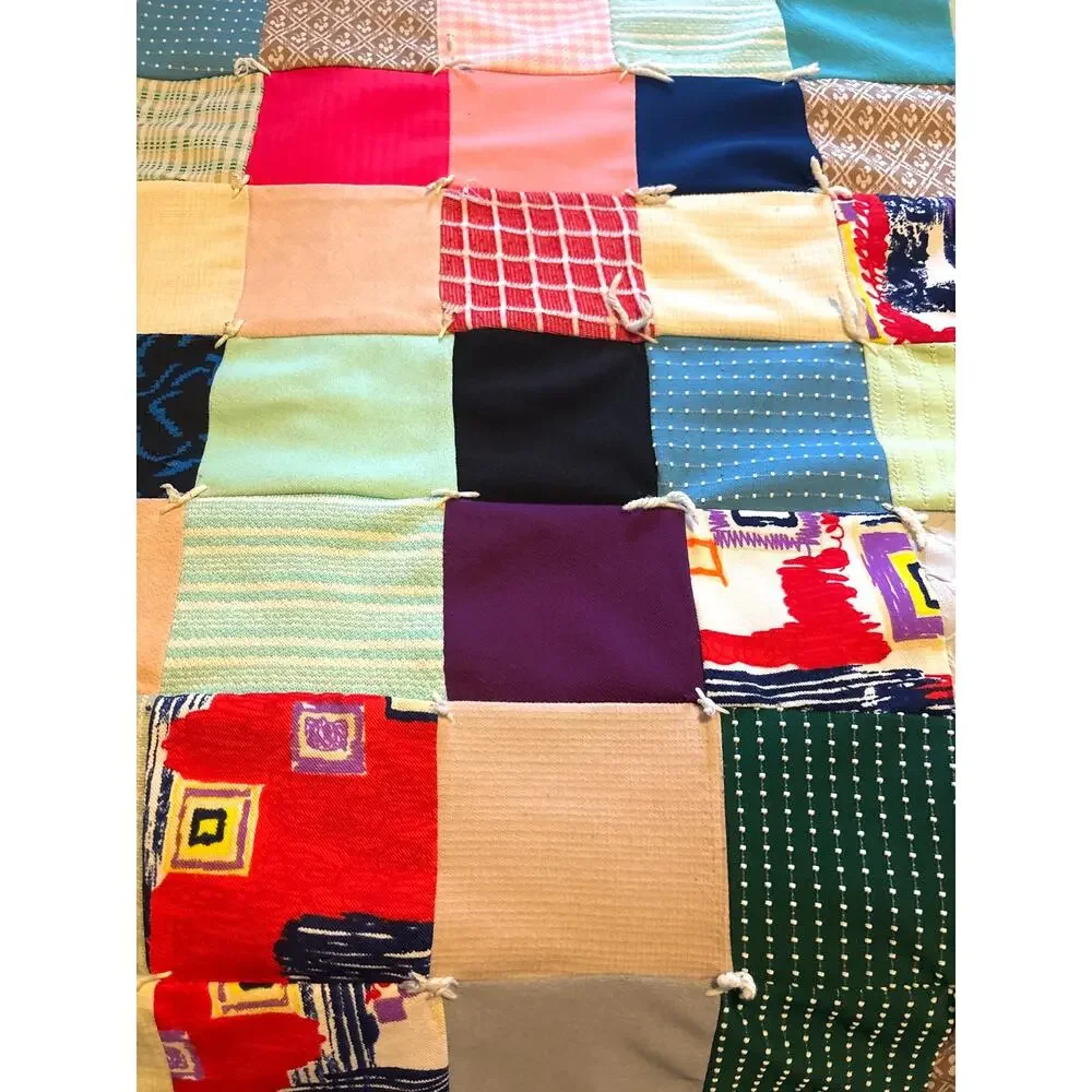 Vintage 1970s Handmade Patchwork Quilt reversible Polyester Boho Decor 80 x 70